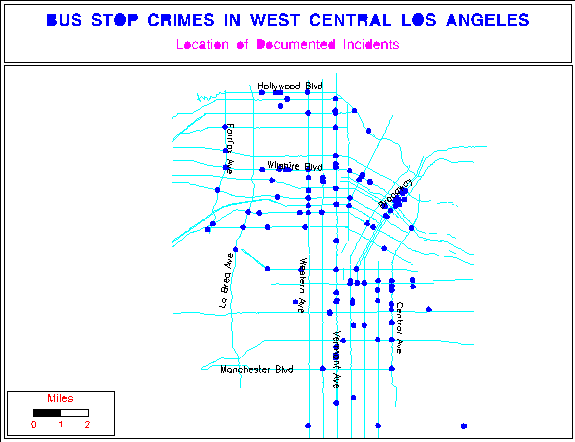 Map of Bus Stop Crime Locations in West Central Los Angeles